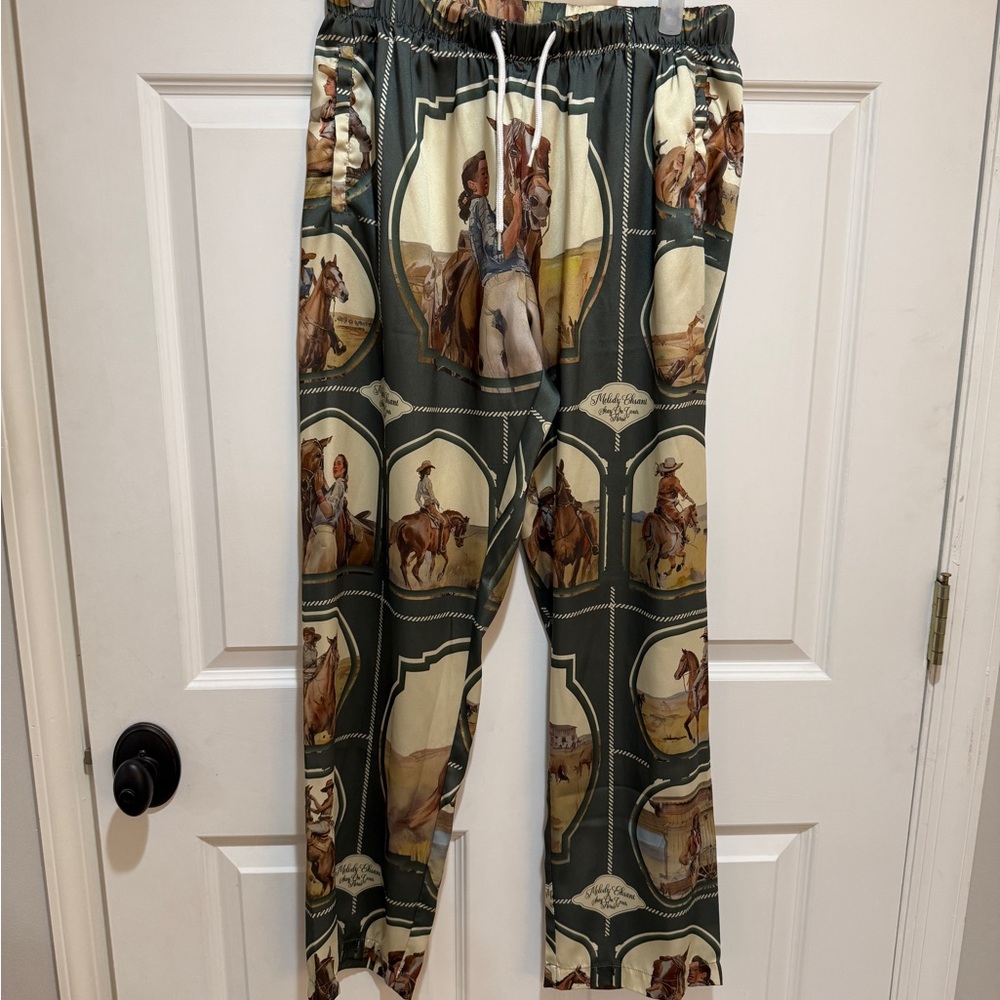 Melody Ehsani Green Western Print Straight-Leg Pants